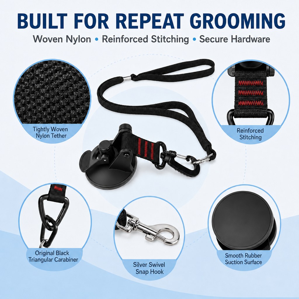 Dog grooming tether woven nylon reinforced stitching and secure hardware