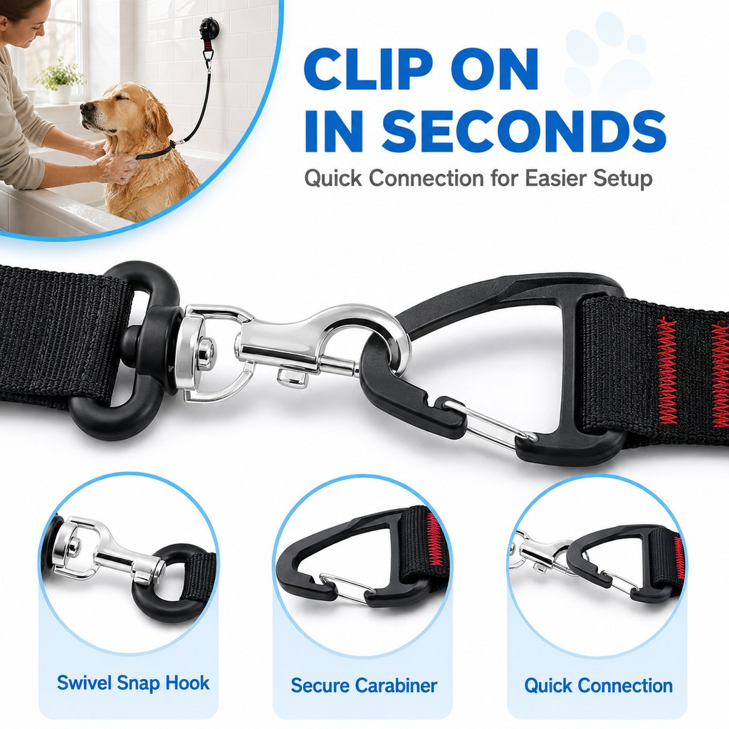 Quick connection swivel snap hook and carabiner on dog grooming tether