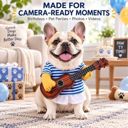 Stuffed fake arms create a guitar-playing illusion on dog costume