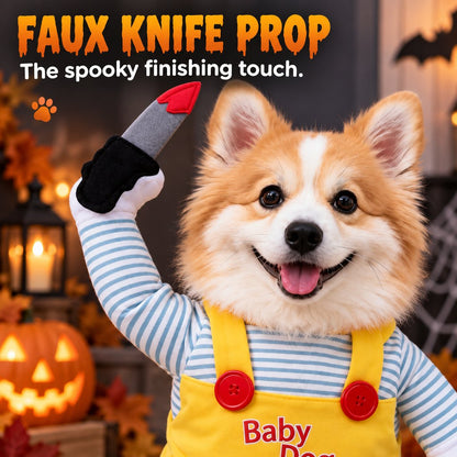 Decorative faux knife detail on horror doll dog Halloween costume