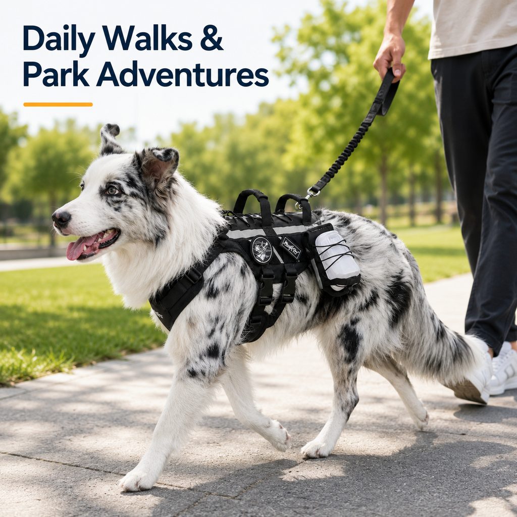 Outdoor dog harness and bungee leash set for walking and hiking