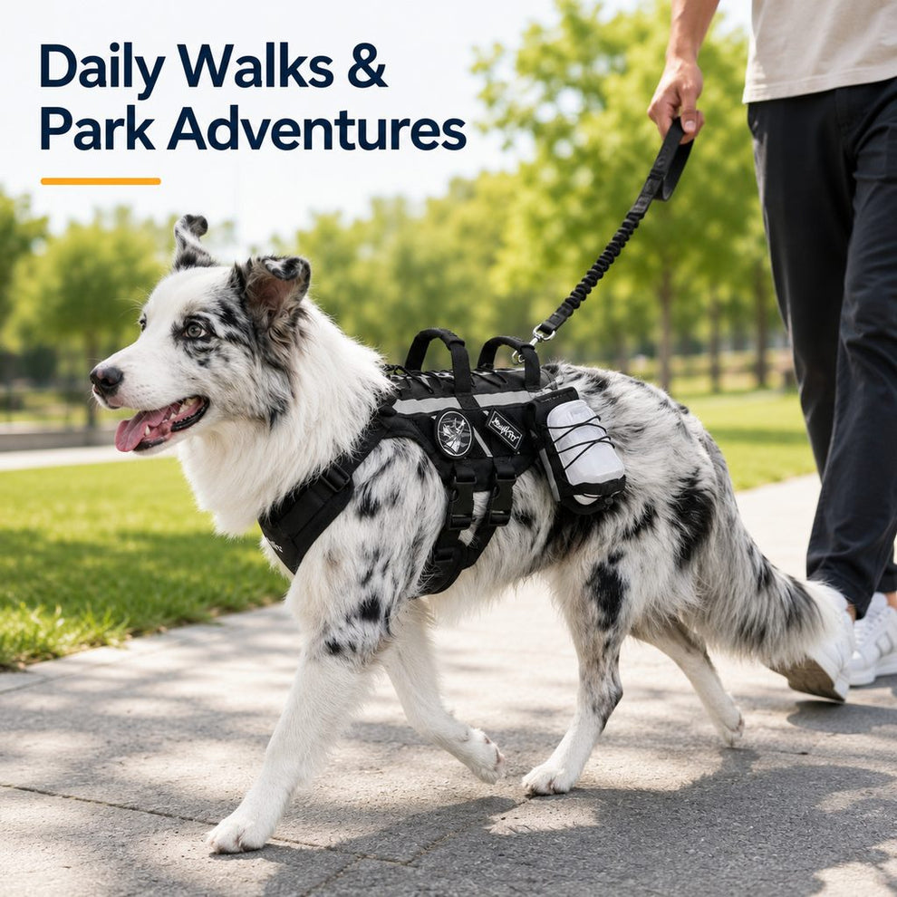 Outdoor dog harness and bungee leash set for walking and hiking