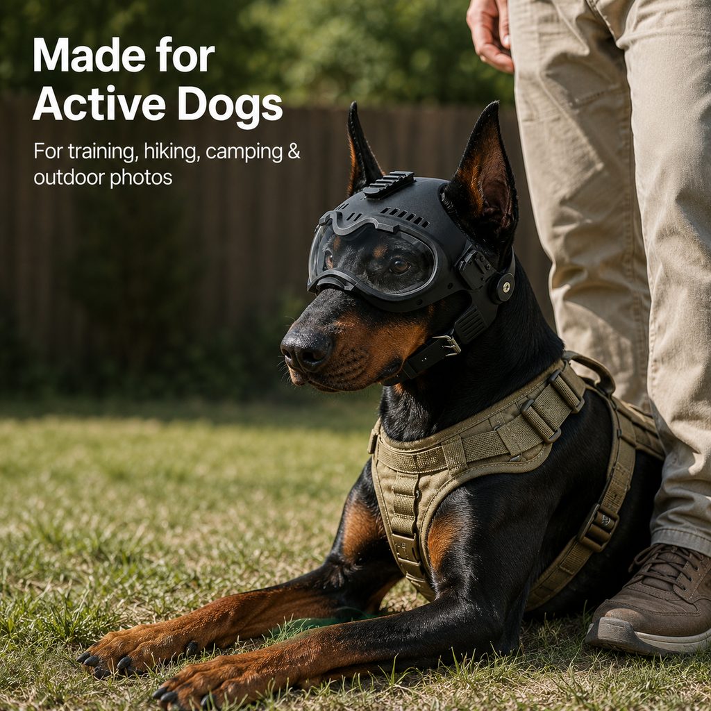 K9 tactical-style dog helmet with goggles for outdoor training