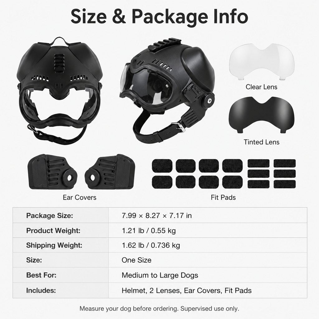 K9 tactical-style dog helmet with goggles for outdoor training