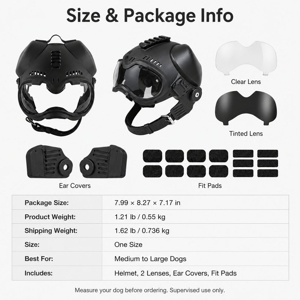 K9 tactical-style dog helmet with goggles for outdoor training