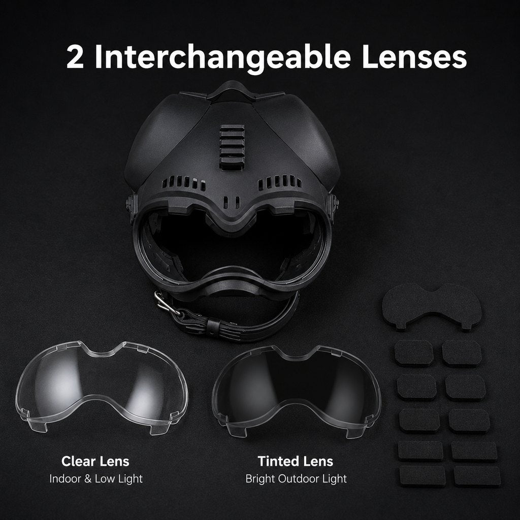 K9 tactical-style dog helmet with goggles for outdoor training