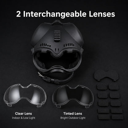 K9 tactical-style dog helmet with goggles for outdoor training