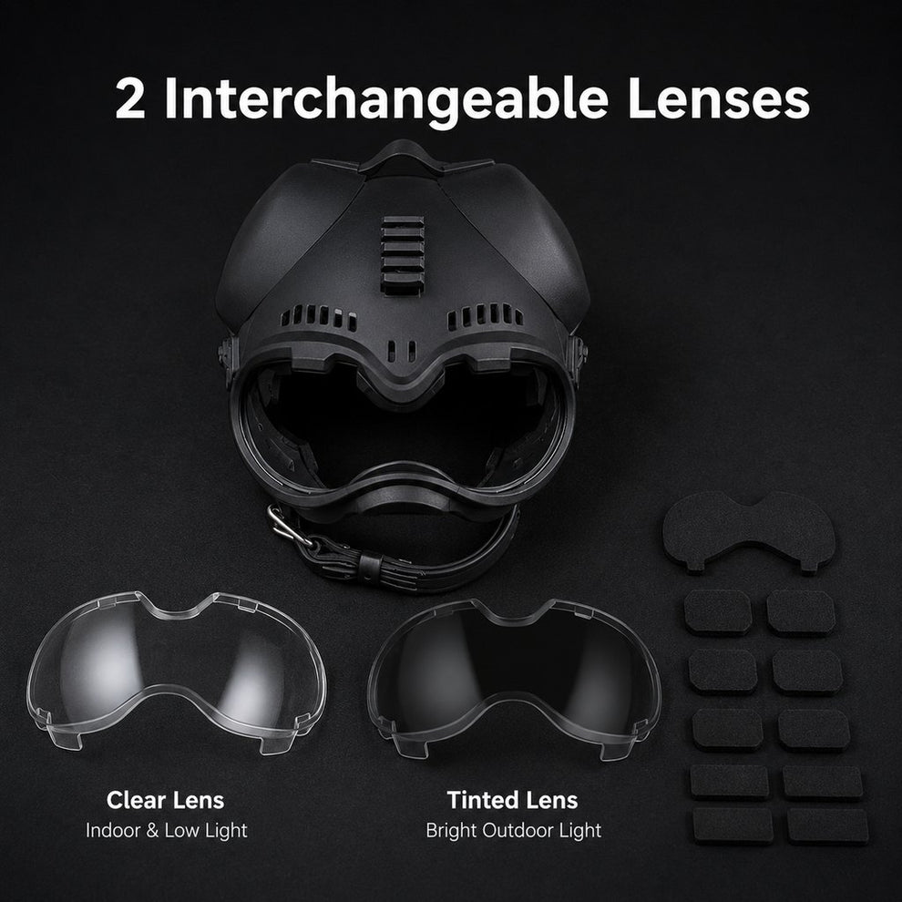 K9 tactical-style dog helmet with goggles for outdoor training