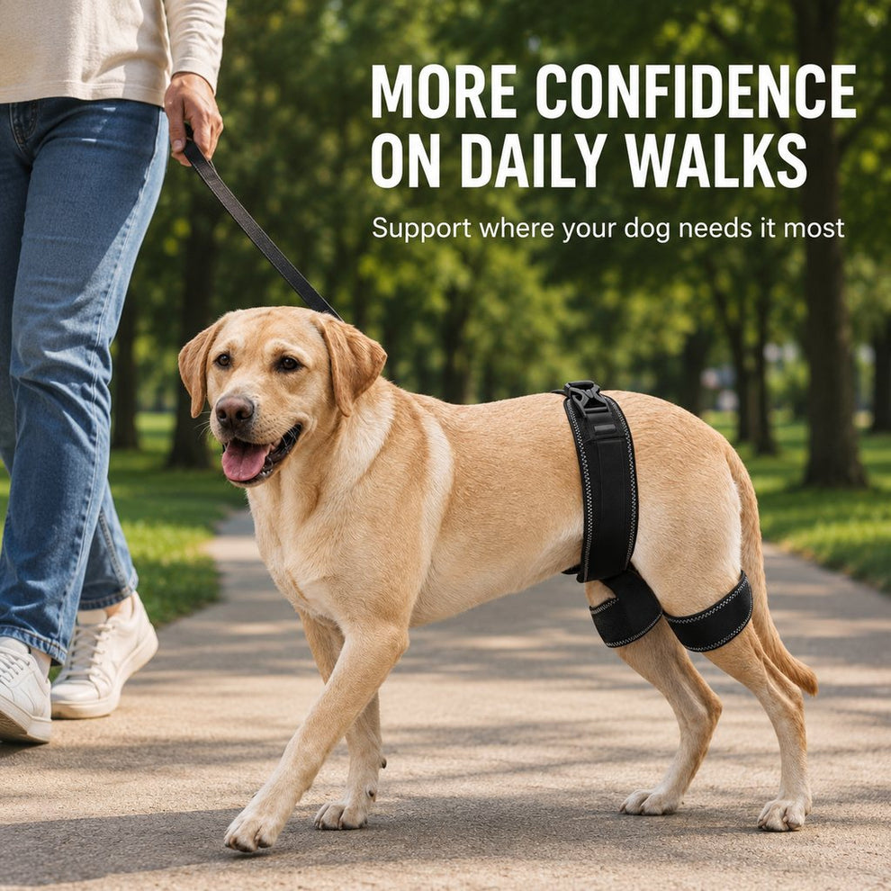 Dog hip support brace on hardwood floor