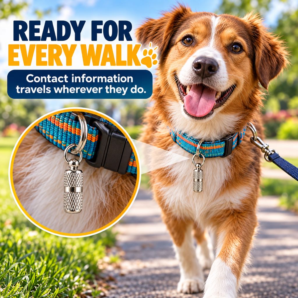 Dog wearing a silver ID contact capsule on a collar during a walk