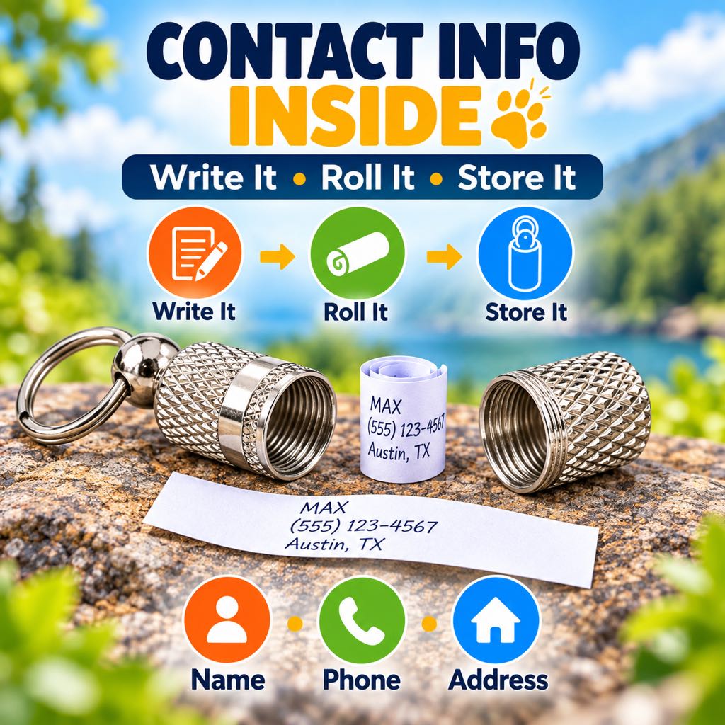 Dog ID capsule showing rolled emergency contact information