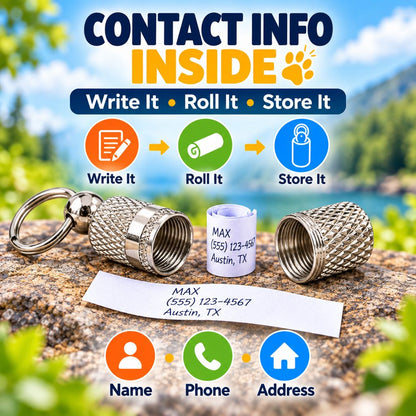 Dog ID capsule showing rolled emergency contact information