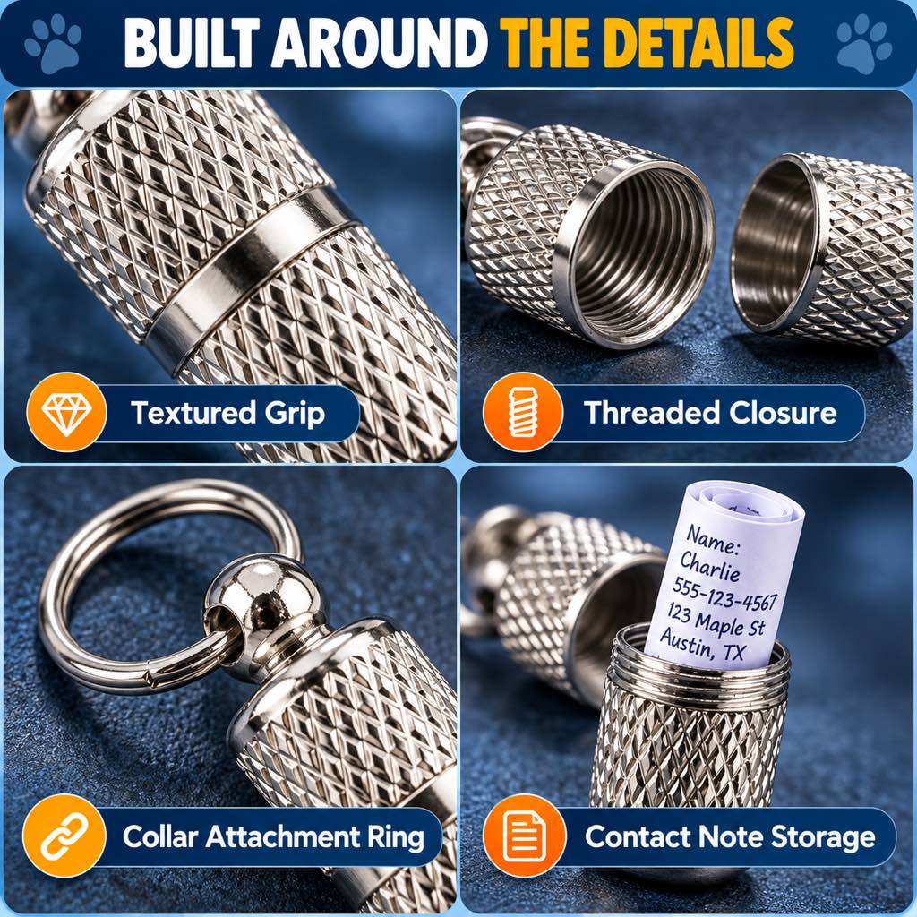 Textured silver dog ID capsule details