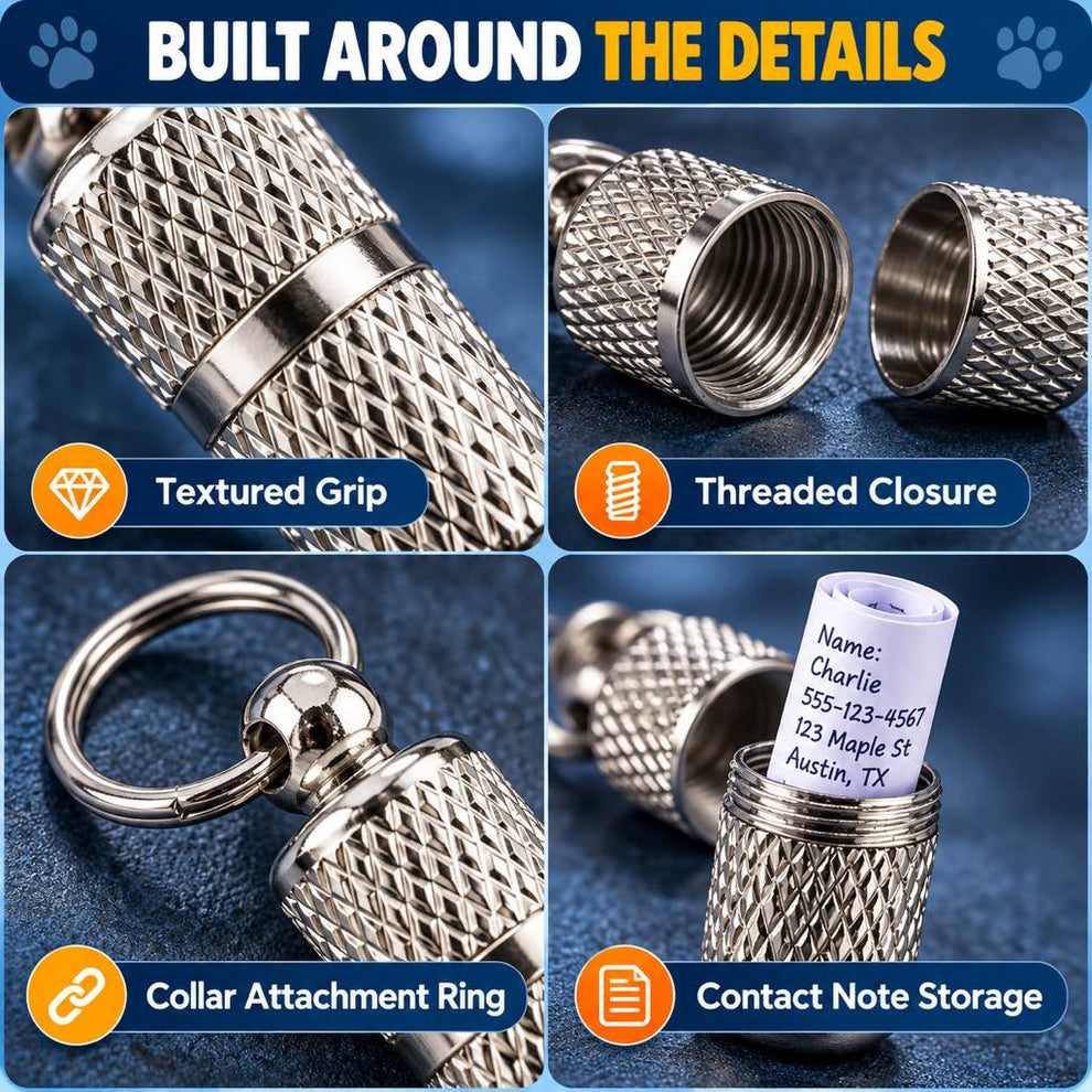 Textured silver dog ID capsule details