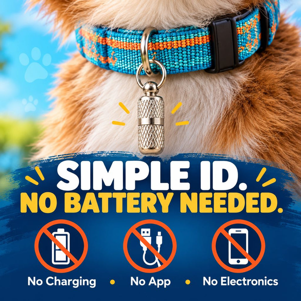 Non-electronic dog ID capsule with no battery, charging, or app