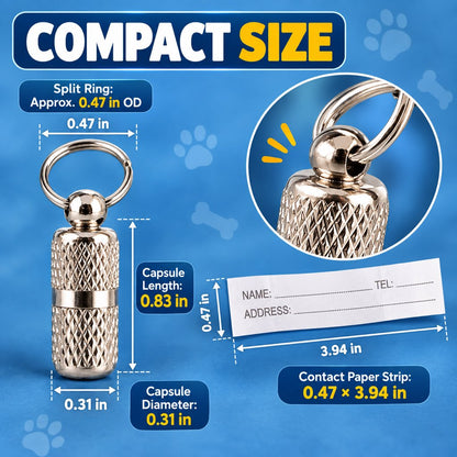 Dog ID contact capsule size and paper strip dimensions