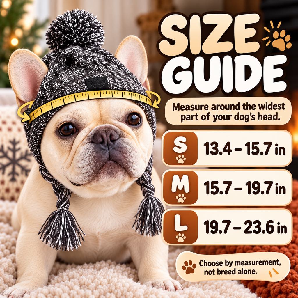 Dog winter knit hat size guide in inches for S, M and L