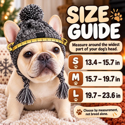 Dog winter knit hat size guide in inches for S, M and L