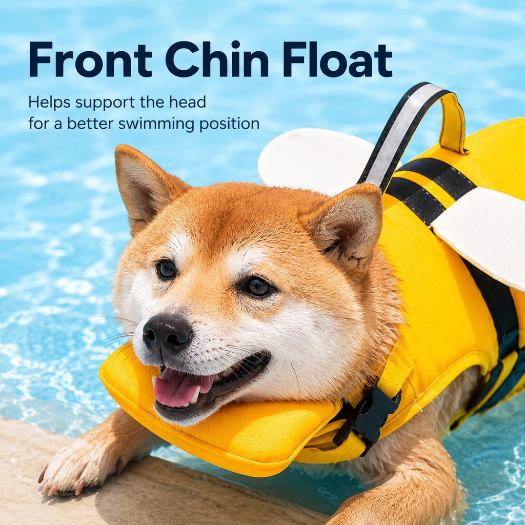 Paws in Awe High-Visibility Bee-Wing Dog Life Jacket with Chin Float & Rescue Handle for Pool, Lake & Boat Safety image 2