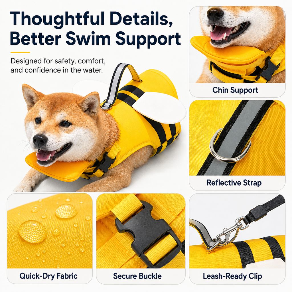 Paws in Awe High-Visibility Bee-Wing Dog Life Jacket with Chin Float & Rescue Handle for Pool, Lake & Boat Safety image 6