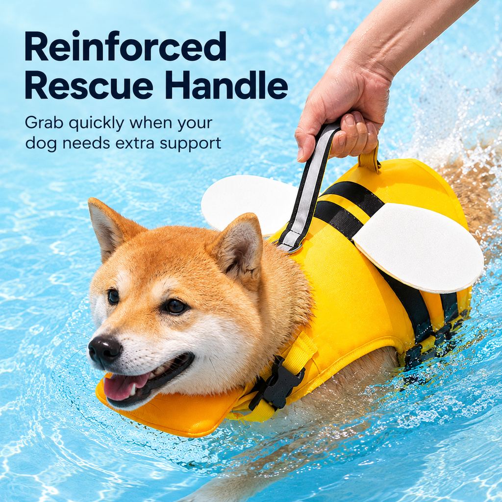 Paws in Awe High-Visibility Bee-Wing Dog Life Jacket with Chin Float & Rescue Handle for Pool, Lake & Boat Safety image 8