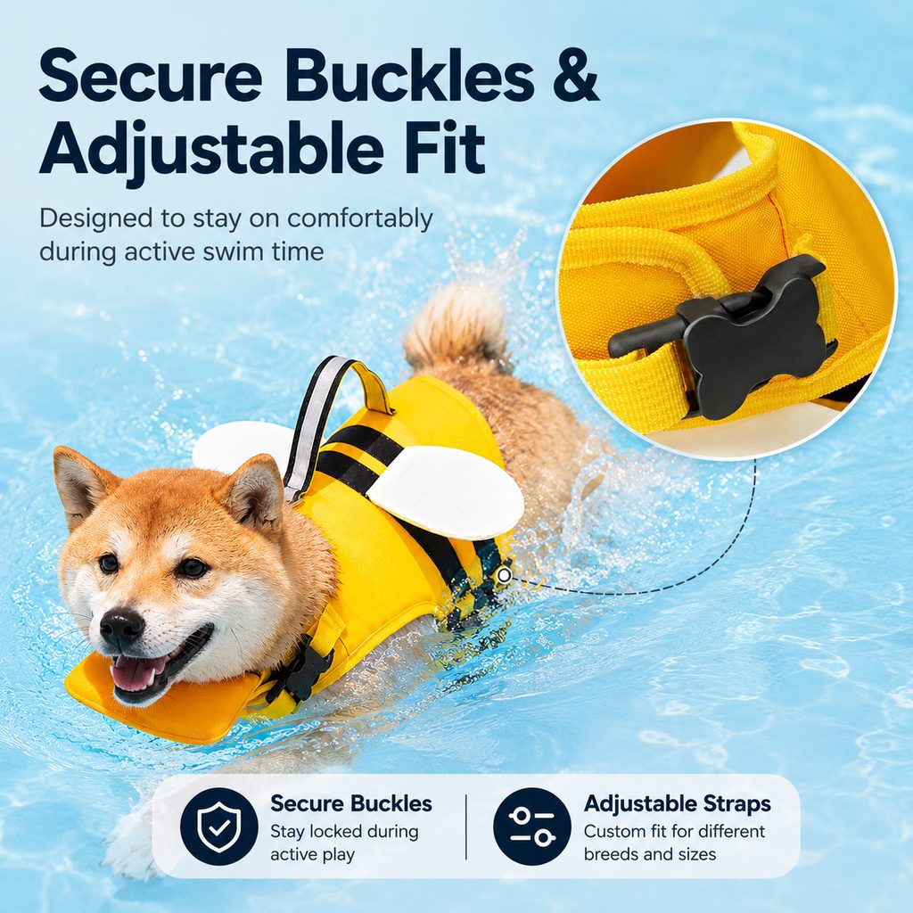 Paws in Awe High-Visibility Bee-Wing Dog Life Jacket with Chin Float & Rescue Handle for Pool, Lake & Boat Safety image 3