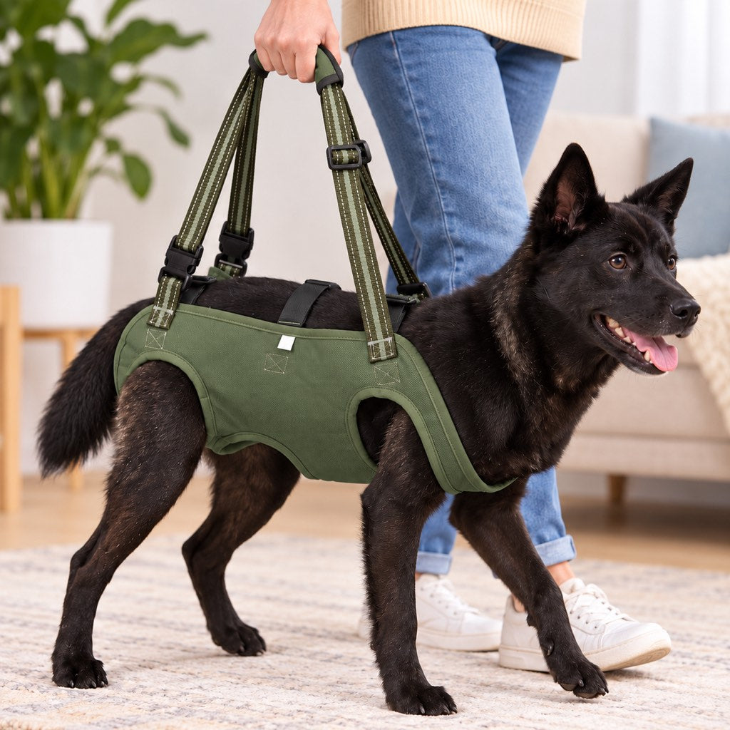 Army Green full-body dog lift harness providing walking support for a senior dog