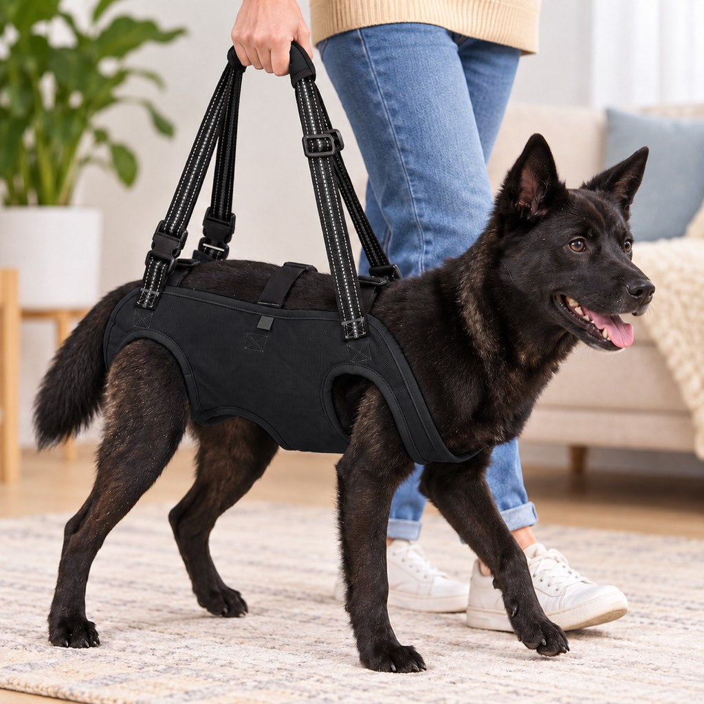 Black full-body dog lift harness providing walking support for a senior dog