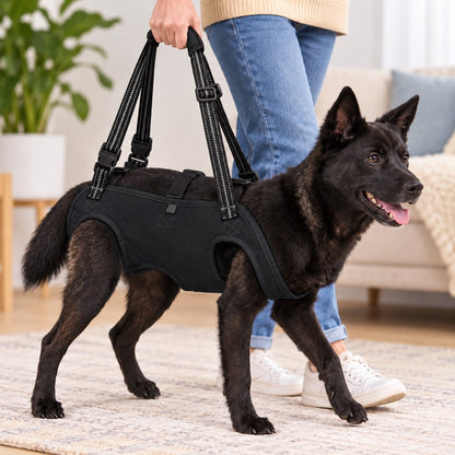 Black full-body dog lift harness providing walking support for a senior dog
