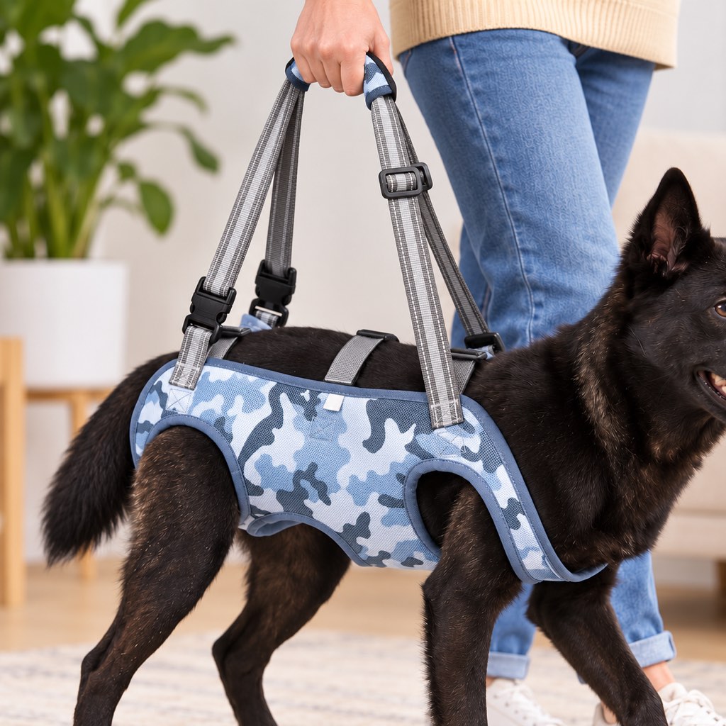 Blue Gray Camo full-body dog lift harness providing walking support for a senior dog