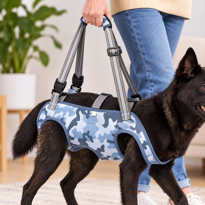 Blue Gray Camo full-body dog lift harness providing walking support for a senior dog