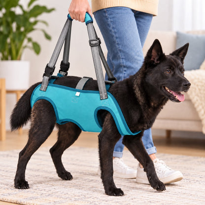 Blue full-body dog lift harness providing walking support for a senior dog