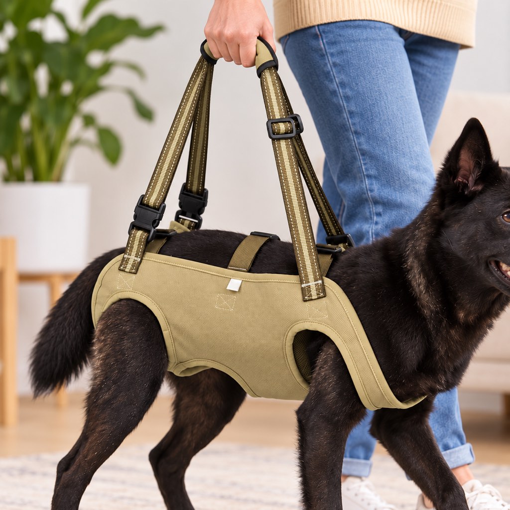Khaki full-body dog lift harness providing walking support for a senior dog