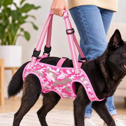 Pink Camo full-body dog lift harness providing walking support for a senior dog