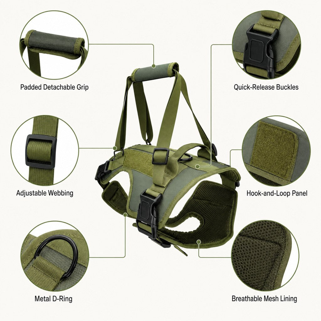 Dog lift support harness product features and metal D-ring