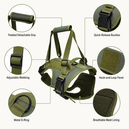Dog lift support harness product features and metal D-ring