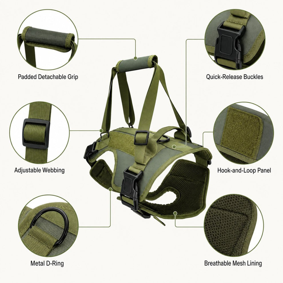 Dog lift support harness product features and metal D-ring