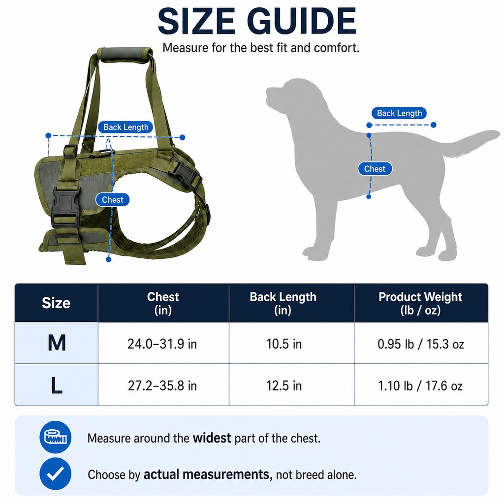 Dog lift support harness size guide