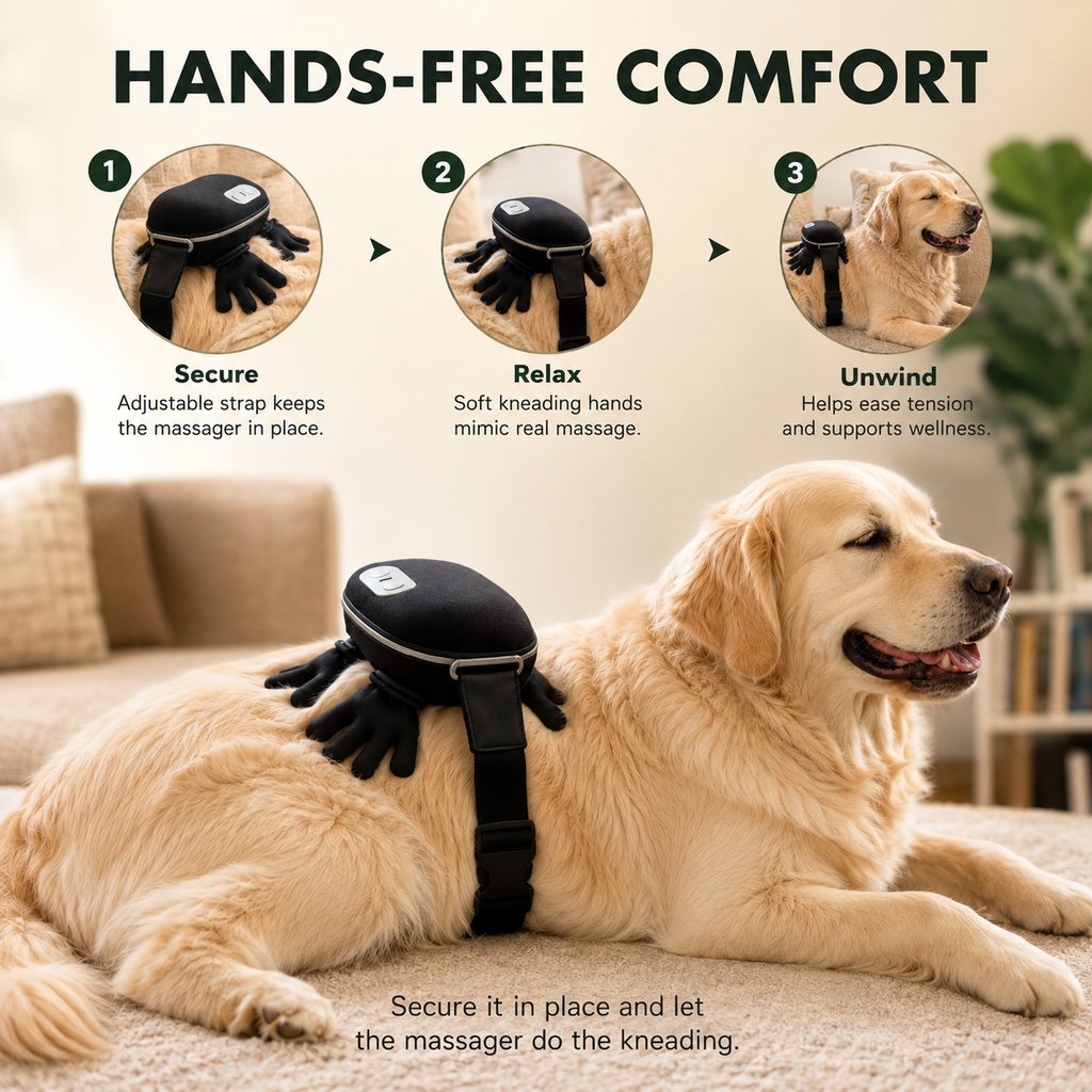 Hands-free comfort guide for adjustable dog massager strap
