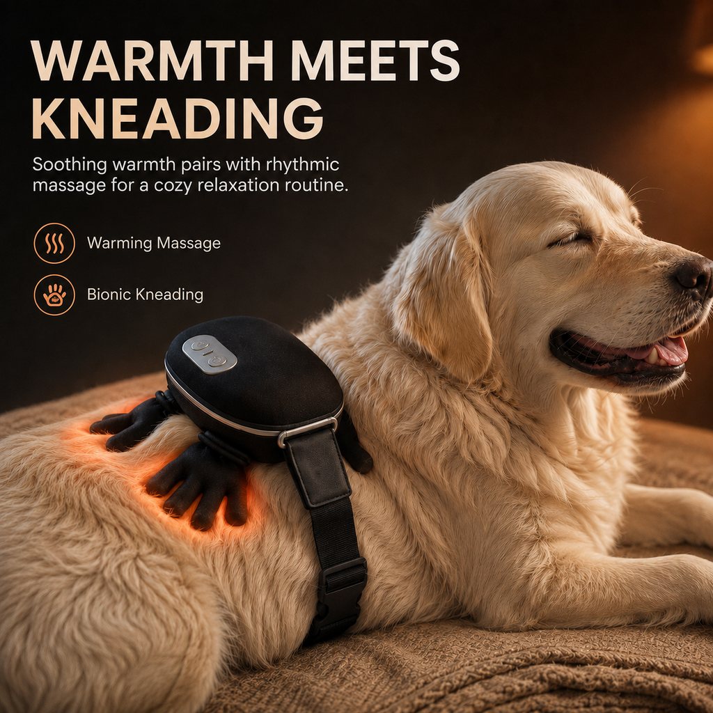Dog massager warmth and kneading feature graphic