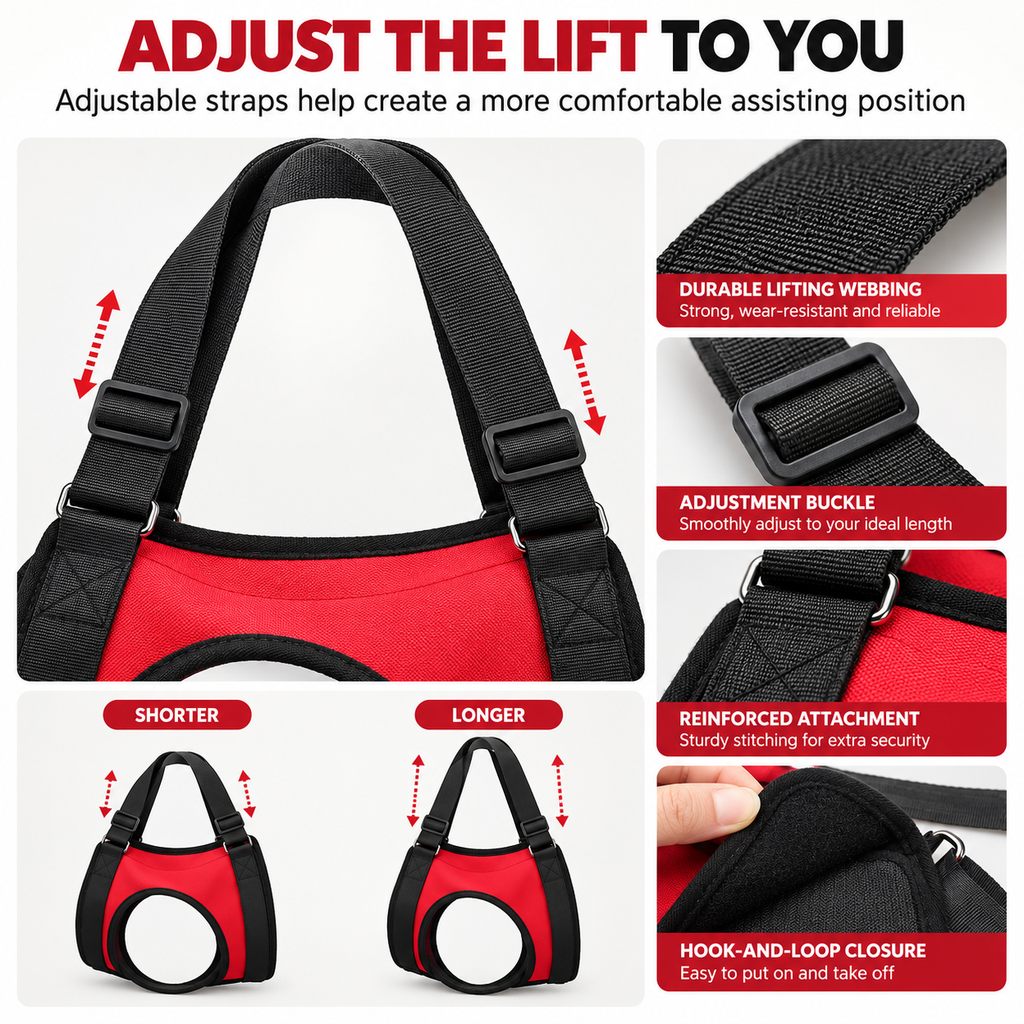 Adjustable straps on dog mobility lift support harness