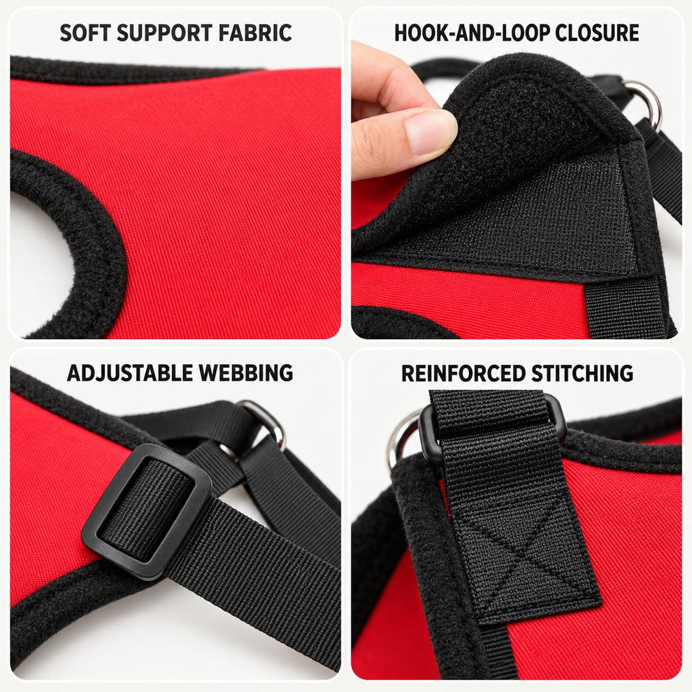 Dog mobility lift harness materials and fastening details
