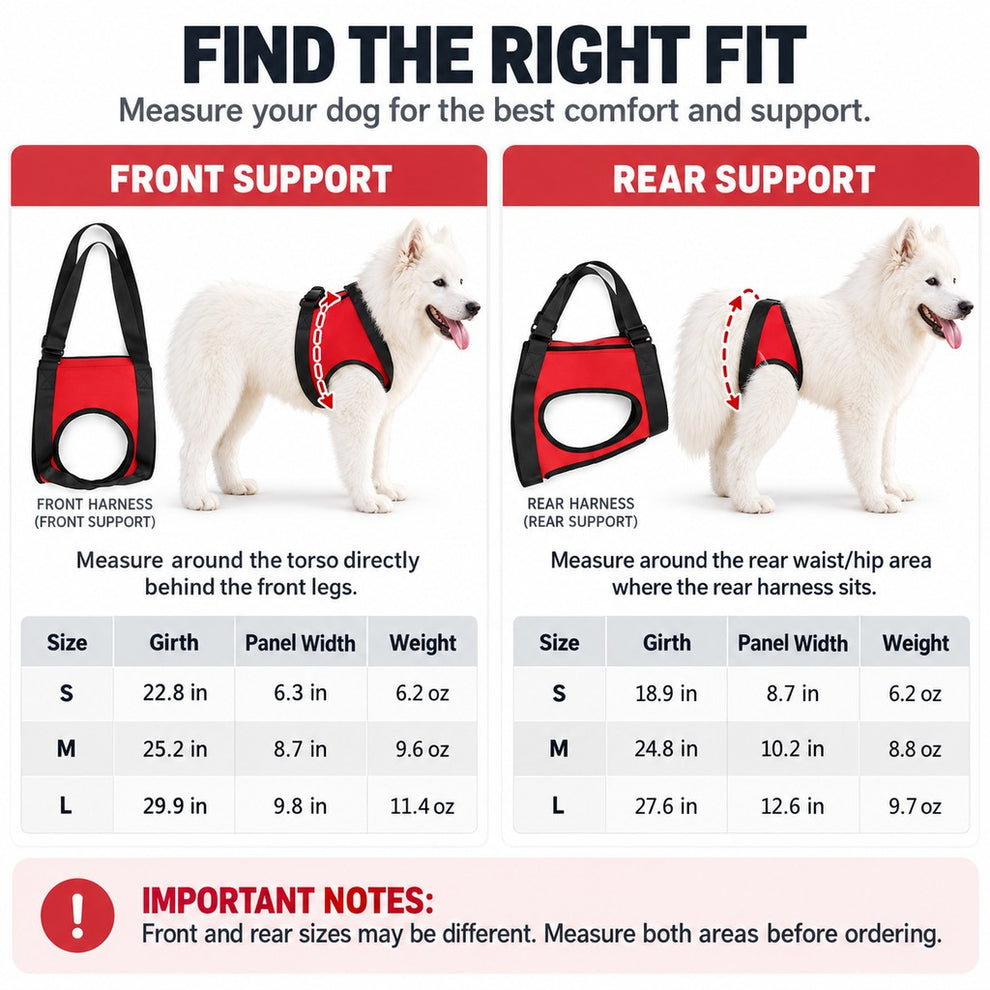 Front and rear dog mobility lift harness size chart