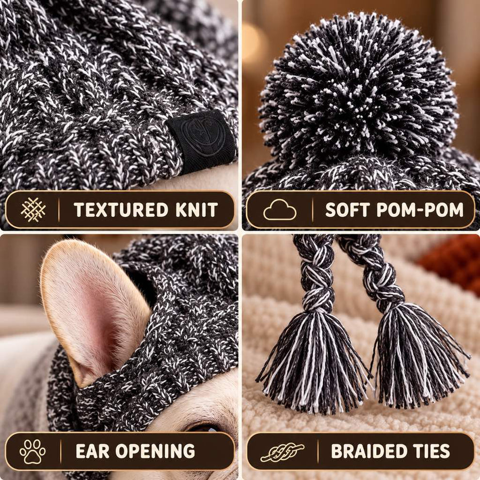 Knitted texture, pom-pom, ear opening and braided ties on dog hat