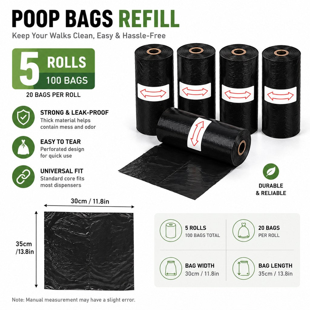 5 rolls of black dog poop bags, 100 bags total