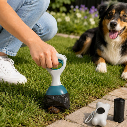 Deep teal compact dog pooper scooper starter kit with bag dispenser