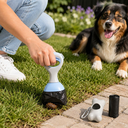 Powder blue compact dog pooper scooper starter kit with bag dispenser