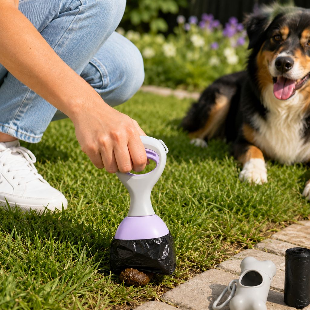 Soft lavender compact dog pooper scooper starter kit with bag dispenser