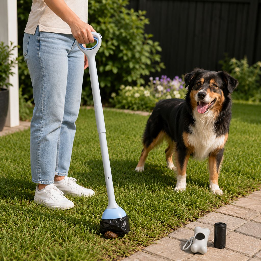 Deep teal extra-long dog pooper scooper lifestyle image