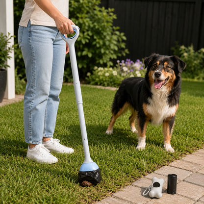 Deep teal extra-long dog pooper scooper lifestyle image